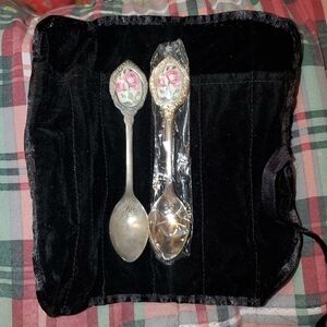 5 for $25 | Vtg Rose Silver Plated Decorative Spoon Set and Roll Up Velvet Case